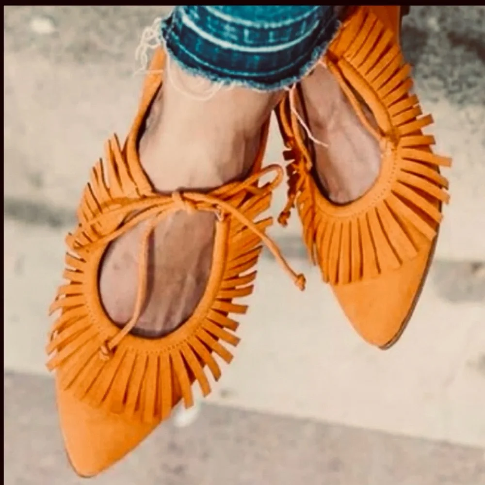 Fringed Faux Suede Orange Tie Front Flats Pointed Shoes - Picture 1 of 7